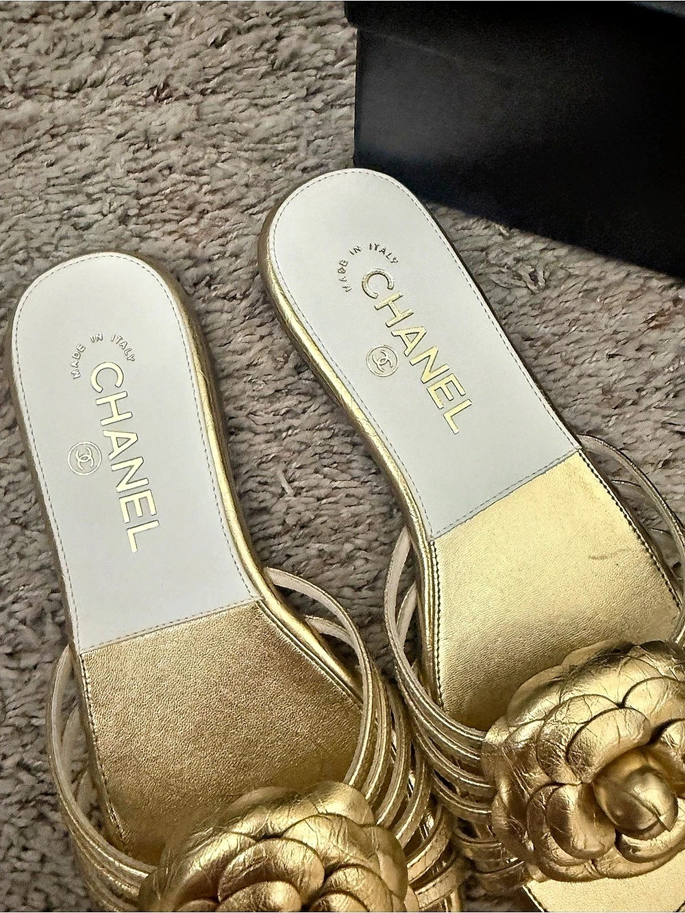 Chanel Gold Leather Camellia Slide Sandals - Picture 4 of 5